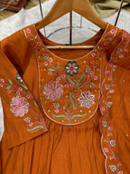 Lorenvalley Fashion Rust Viscose Roman Silk Multi Embroidery Thread With Hand Work Anarkali Kurti Pant Dupatta | Grocsy