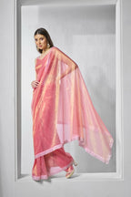 Pink Gold Tissue Net Solid & Gold Cotted Saree - Samaa | Grocsy