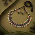 Tehzeeb Creations Green And Maroon Colour Gold-Polished Stone Jewellery Choker Necklace Set With Matching Pair of Stud Earrings | Grocsy