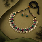 Tehzeeb Creations Green And Maroon Colour Gold-Polished Stone Jewellery Choker Necklace Set With Matching Pair of Stud Earrings | Grocsy