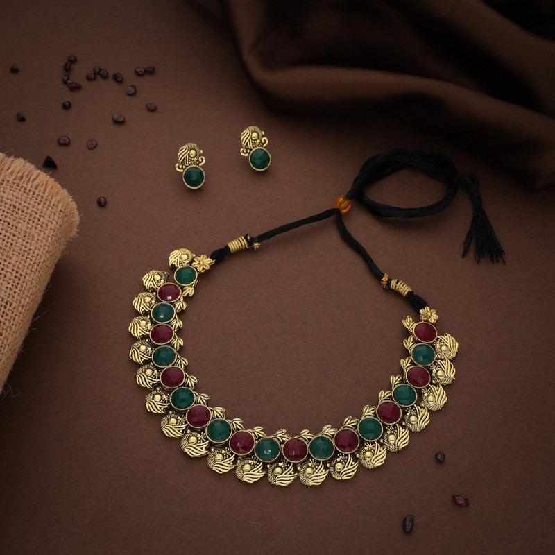 Tehzeeb Creations Green And Maroon Colour Gold-Polished Stone Jewellery Choker Necklace Set With Matching Pair of Stud Earrings | Grocsy