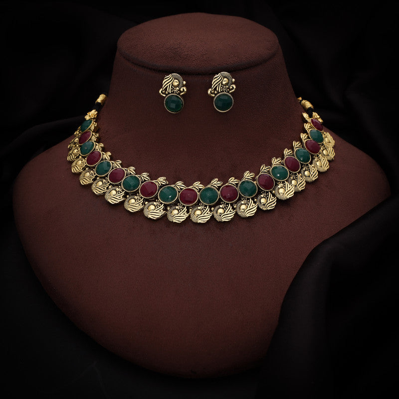 Tehzeeb Creations Green And Maroon Colour Gold-Polished Stone Jewellery Choker Necklace Set With Matching Pair of Stud Earrings | Grocsy