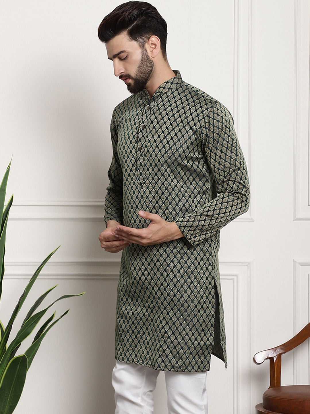 Sojanya Band Collar Ethnic Motifs Woven Design Kurta | Grocsy