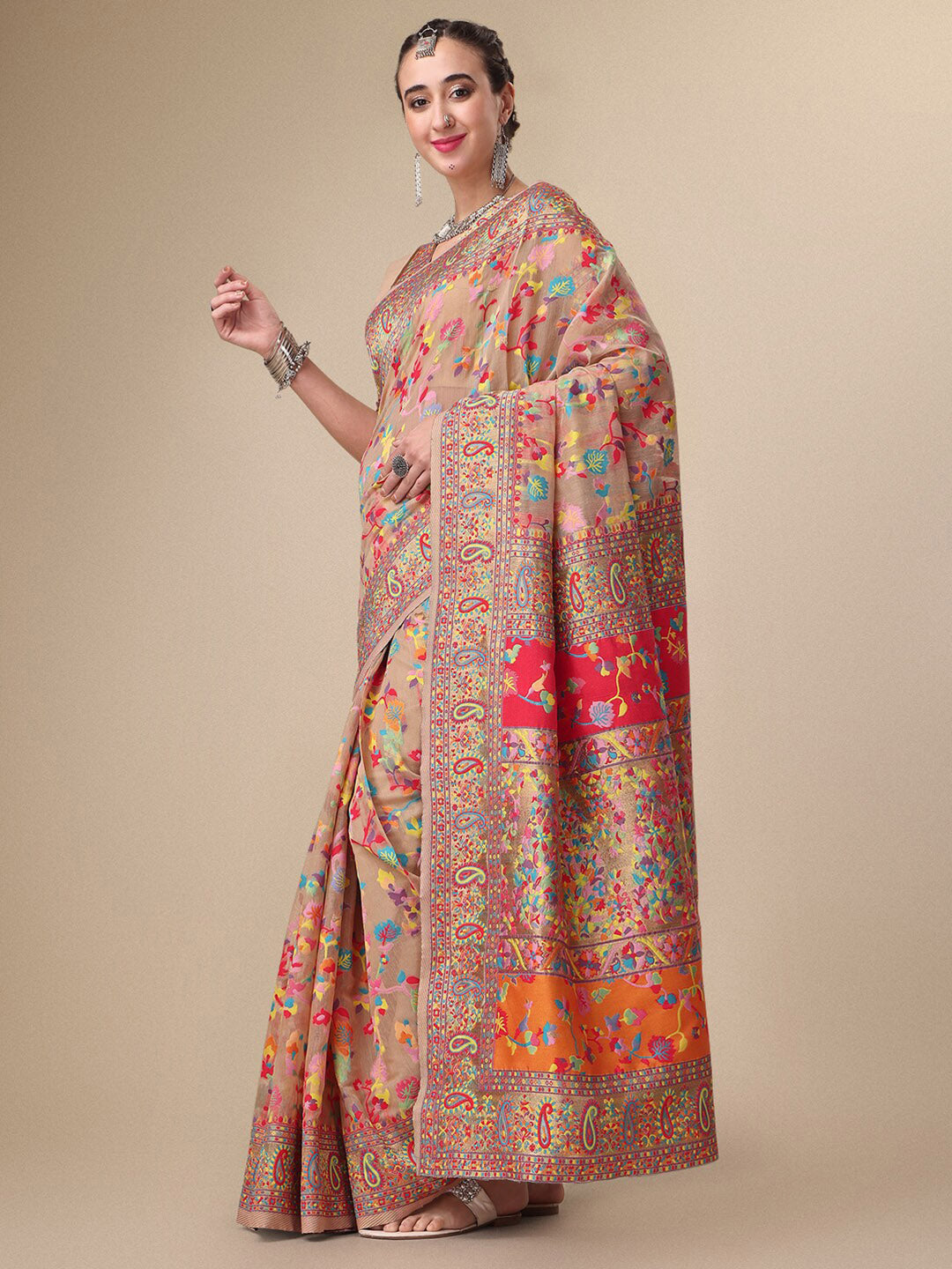 Sangria Beige & Orange Floral Woven Design Pure Silk Saree | Grocsy