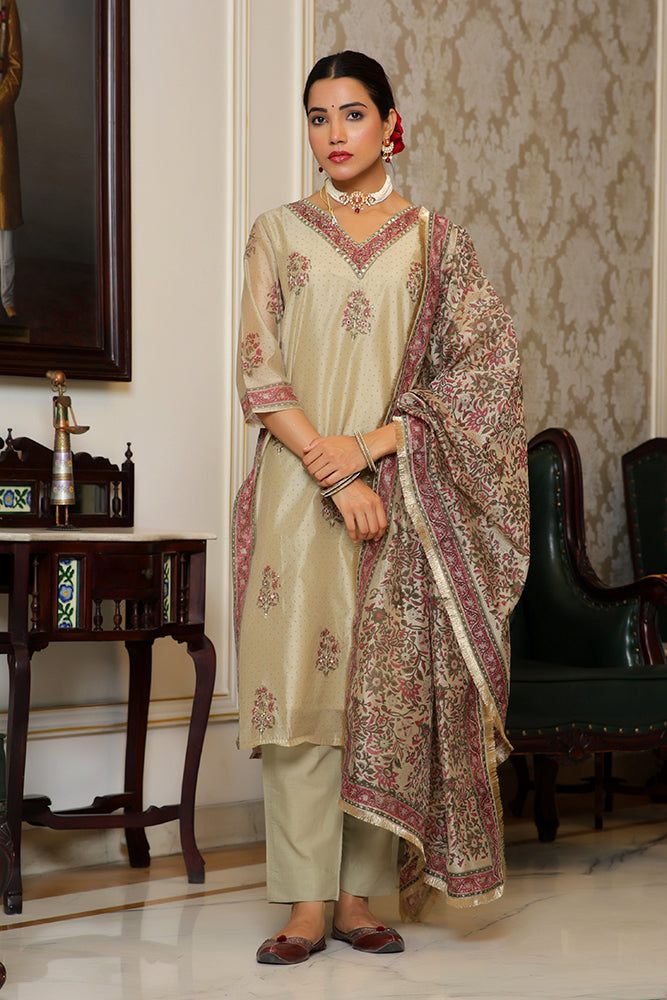 Vaasva Women Green Chanderi Block Printed Embroidered Kurta Set With Solid Pants & Dupatta | Grocsy