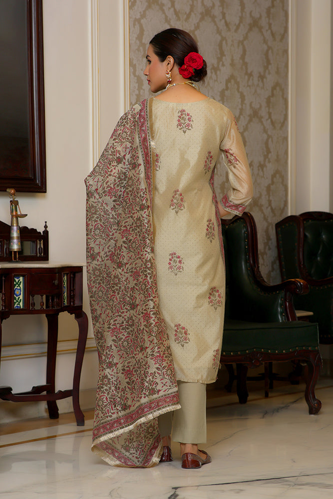 Vaasva Women Green Chanderi Block Printed Embroidered Kurta Set With Solid Pants & Dupatta | Grocsy