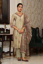 Vaasva Women Green Chanderi Block Printed Embroidered Kurta Set With Solid Pants & Dupatta | Grocsy