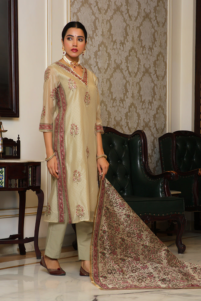 Vaasva Women Green Chanderi Block Printed Embroidered Kurta Set With Solid Pants & Dupatta | Grocsy