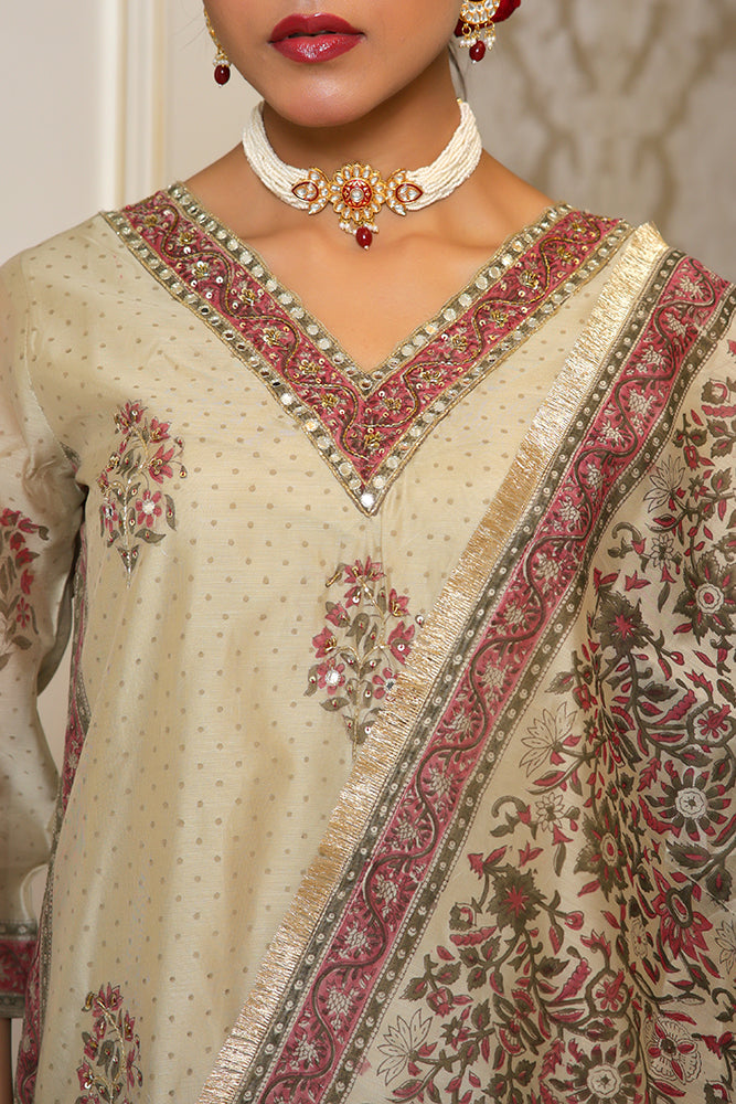Vaasva Women Green Chanderi Block Printed Embroidered Kurta Set With Solid Pants & Dupatta | Grocsy
