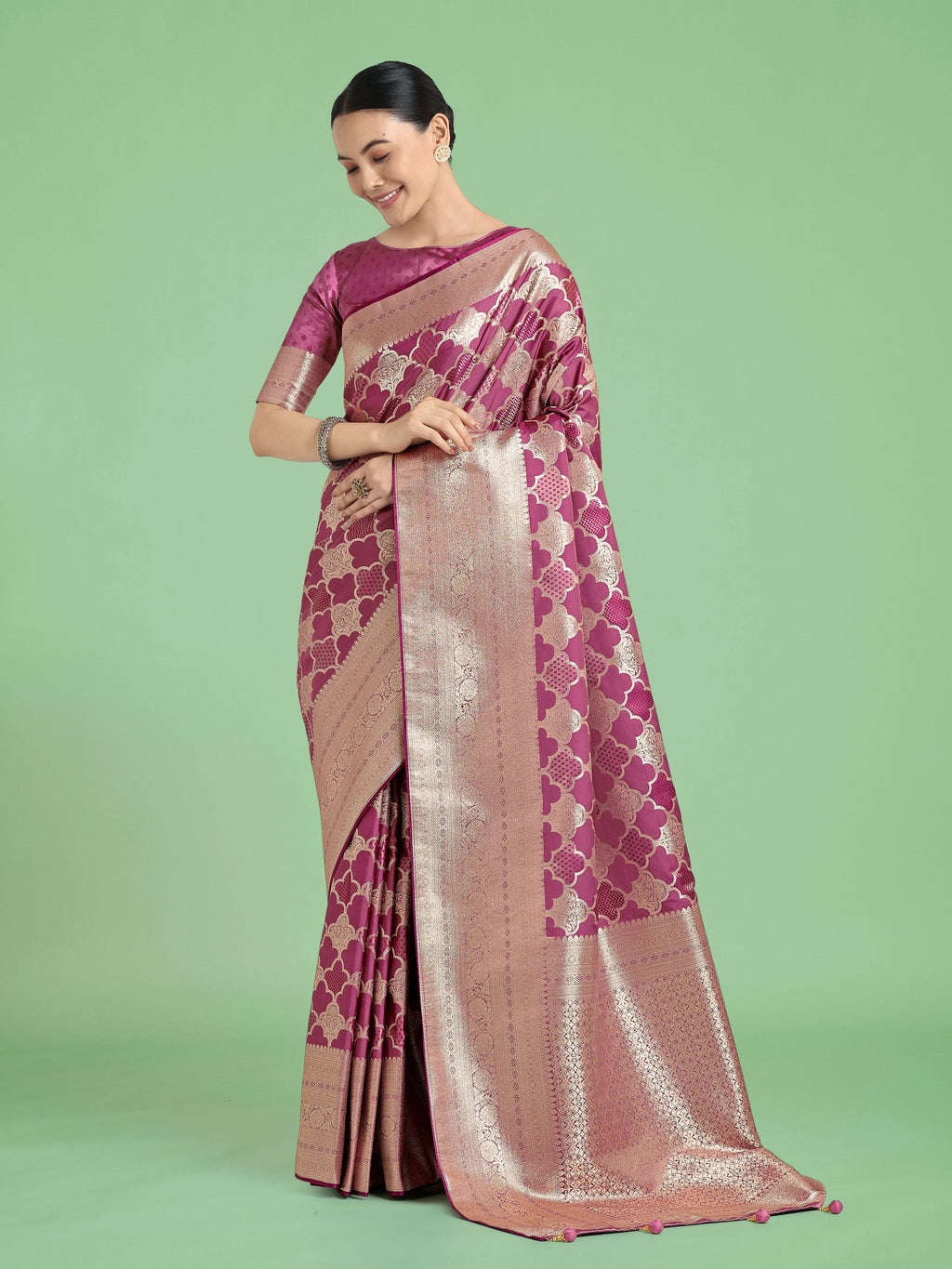 Monjolika Fashion Rose Pink Banarasi Satin Silk Saree with Rich Zari Woven Pallu & Blouse Piece | Grocsy