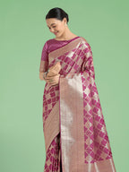 Monjolika Fashion Rose Pink Banarasi Satin Silk Saree with Rich Zari Woven Pallu & Blouse Piece | Grocsy