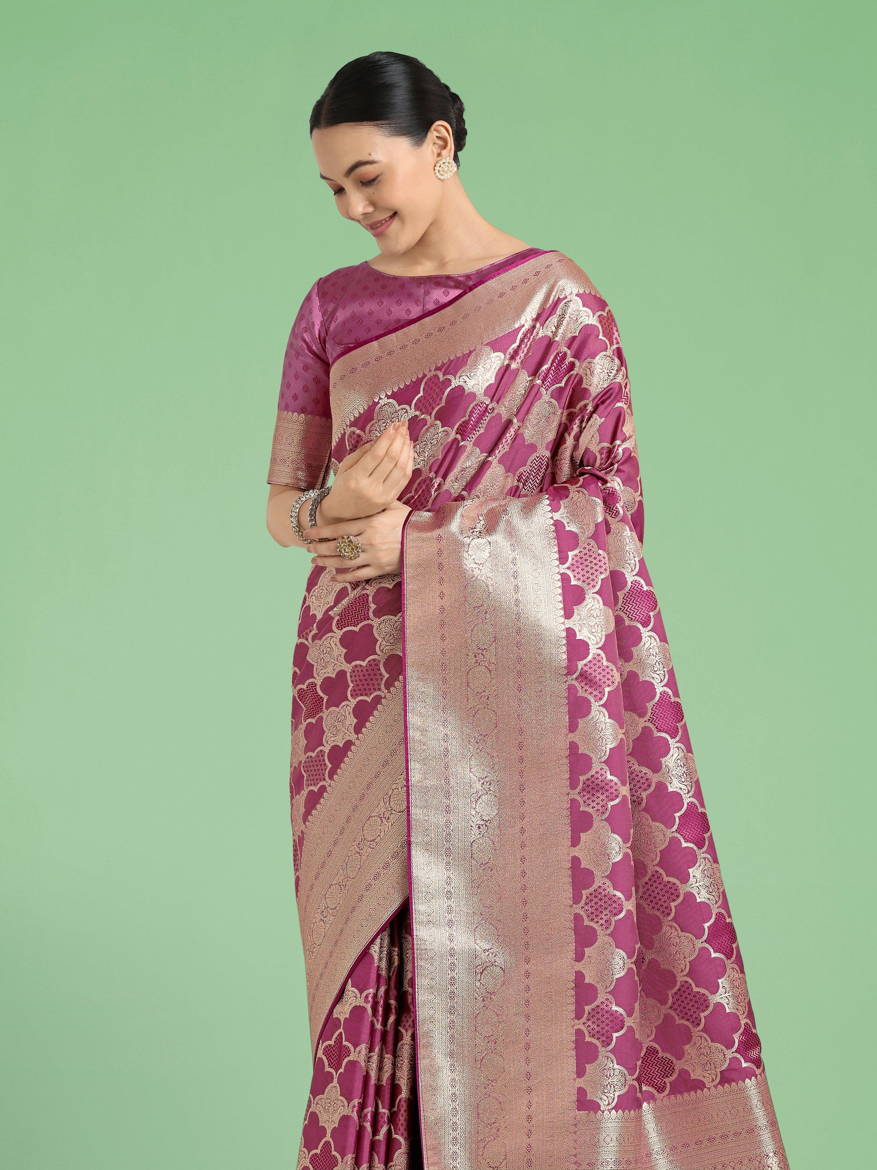 Monjolika Fashion Rose Pink Banarasi Satin Silk Saree with Rich Zari Woven Pallu & Blouse Piece | Grocsy
