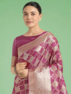 Monjolika Fashion Rose Pink Banarasi Satin Silk Saree with Rich Zari Woven Pallu & Blouse Piece | Grocsy