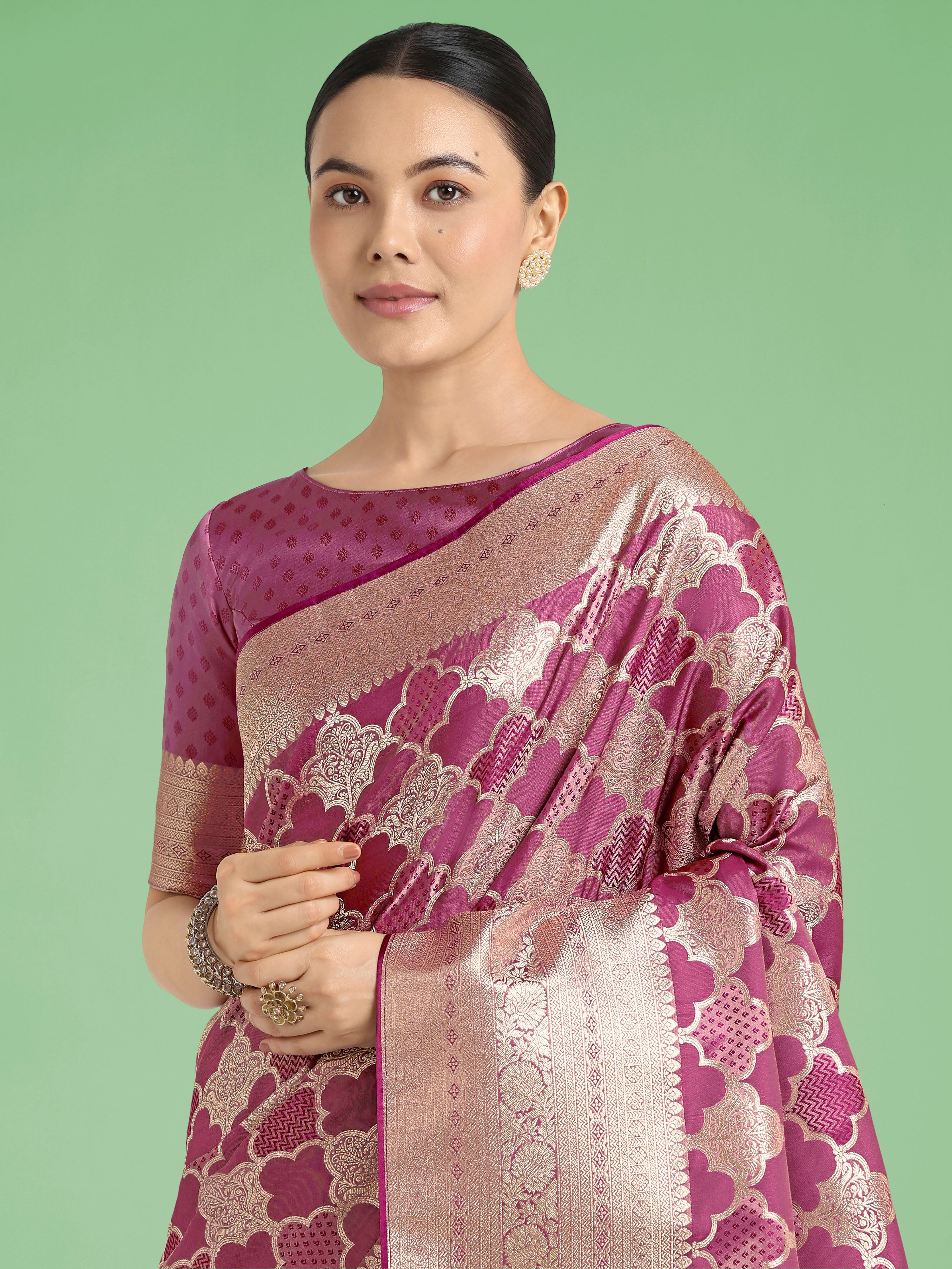 Monjolika Fashion Rose Pink Banarasi Satin Silk Saree with Rich Zari Woven Pallu & Blouse Piece | Grocsy