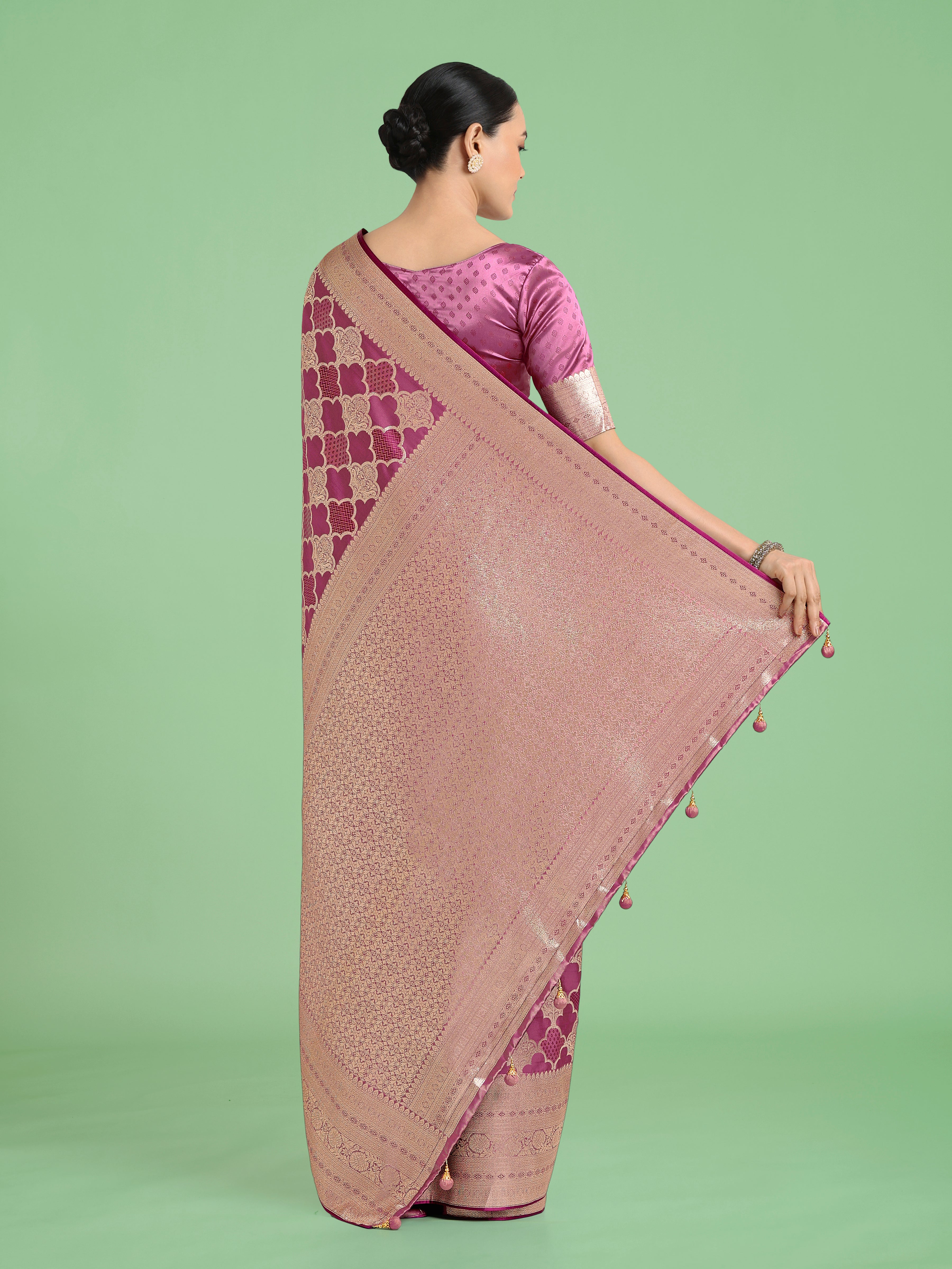Monjolika Fashion Rose Pink Banarasi Satin Silk Saree with Rich Zari Woven Pallu & Blouse Piece | Grocsy