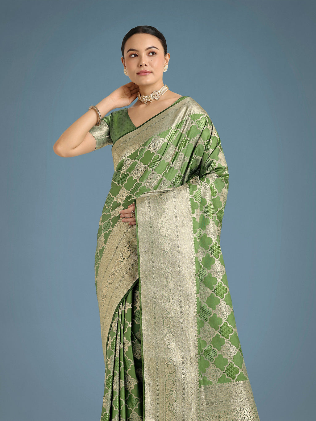 Monjolika Fashion Green Banarasi Satin Silk Saree with Rich Zari Woven Pallu & Blouse Piece | Grocsy