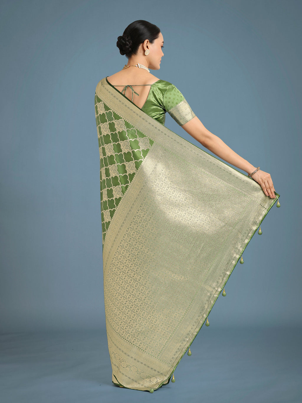 Monjolika Fashion Green Banarasi Satin Silk Saree with Rich Zari Woven Pallu & Blouse Piece | Grocsy