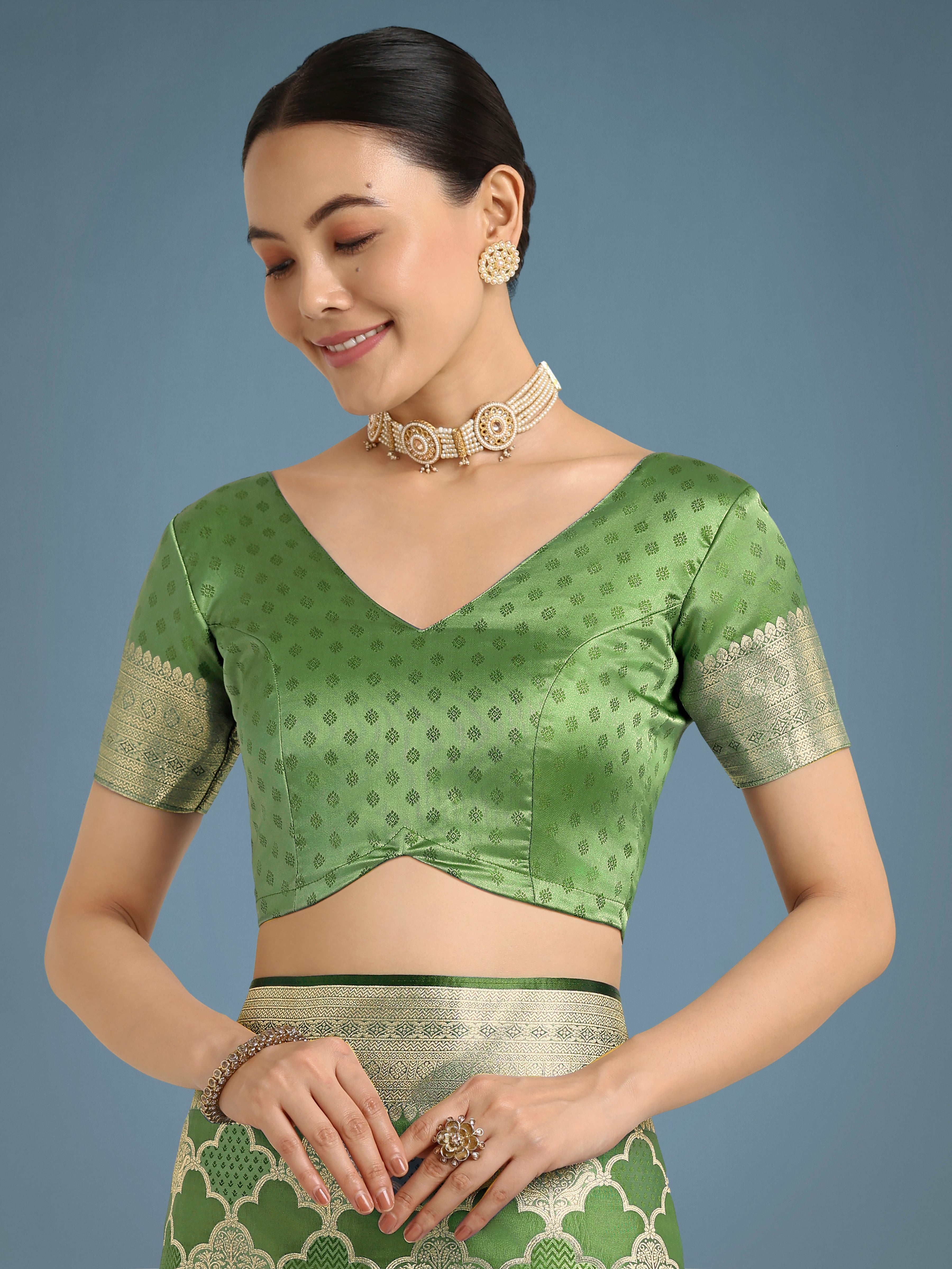 Monjolika Fashion Green Banarasi Satin Silk Saree with Rich Zari Woven Pallu & Blouse Piece | Grocsy