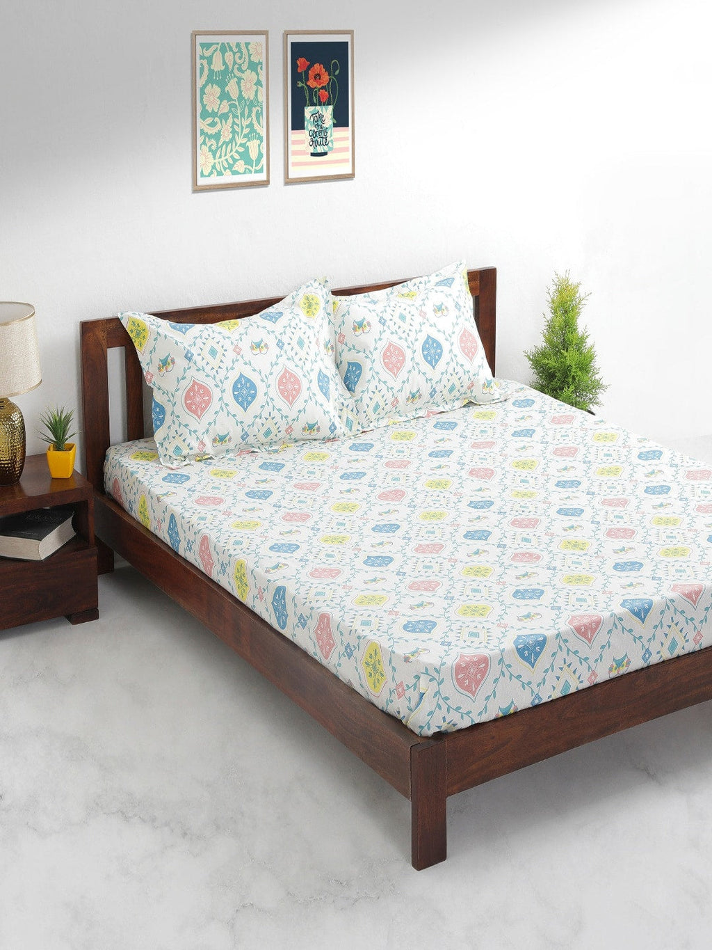 Chumbak White & Blue Ethnic Motifs 136 TC Cotton 1 Queen Bedsheet with 2 Pillow Covers | Grocsy