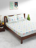 Chumbak White & Blue Ethnic Motifs 136 TC Cotton 1 Queen Bedsheet with 2 Pillow Covers | Grocsy