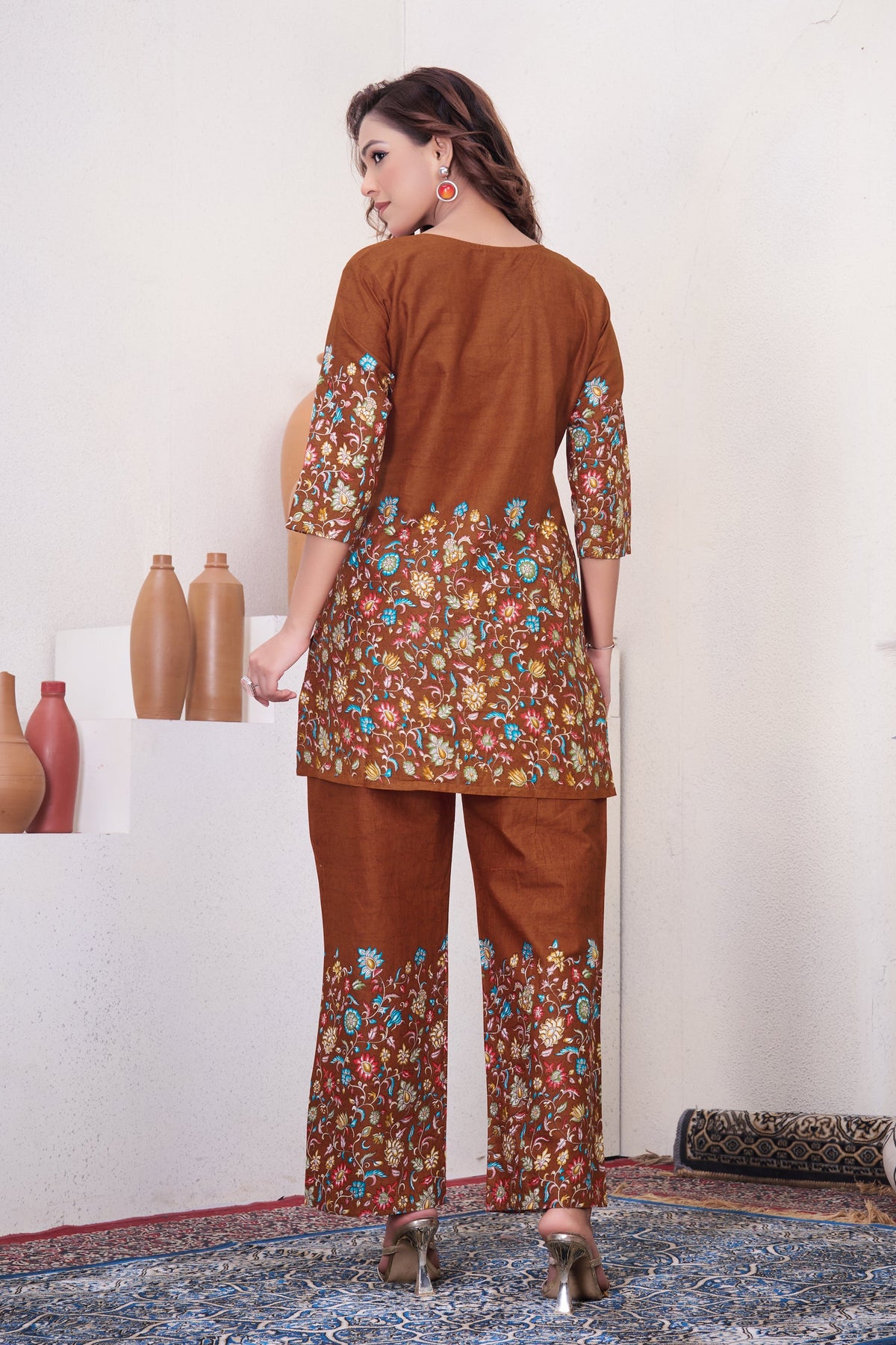 Lorenvalley Fashion Rust Pure Cotton Elegant & Trendy Printed Design Co-Ord Set | Grocsy