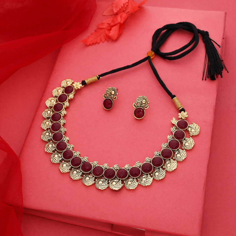 Tehzeeb Creations Maroon Colour Gold-Polished Stone Jewellery Choker Necklace Set With Matching Pair of Stud Earrings | Grocsy