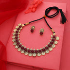 Tehzeeb Creations Maroon Colour Gold-Polished Stone Jewellery Choker Necklace Set With Matching Pair of Stud Earrings | Grocsy
