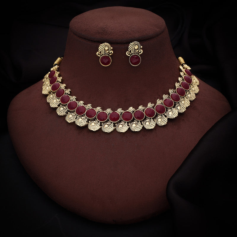 Tehzeeb Creations Maroon Colour Gold-Polished Stone Jewellery Choker Necklace Set With Matching Pair of Stud Earrings | Grocsy
