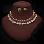 Tehzeeb Creations Maroon Colour Gold-Polished Stone Jewellery Choker Necklace Set With Matching Pair of Stud Earrings | Grocsy