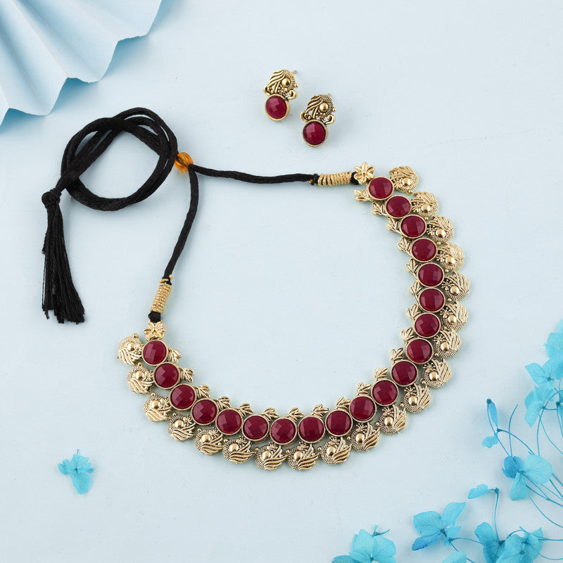 Tehzeeb Creations Maroon Colour Gold-Polished Stone Jewellery Choker Necklace Set With Matching Pair of Stud Earrings | Grocsy