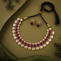 Tehzeeb Creations Maroon Colour Gold-Polished Stone Jewellery Choker Necklace Set With Matching Pair of Stud Earrings | Grocsy
