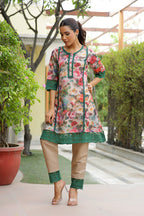 Vaasva Women Beige Embroidered Printed Kurta Set With Laced Solid Pants | Grocsy