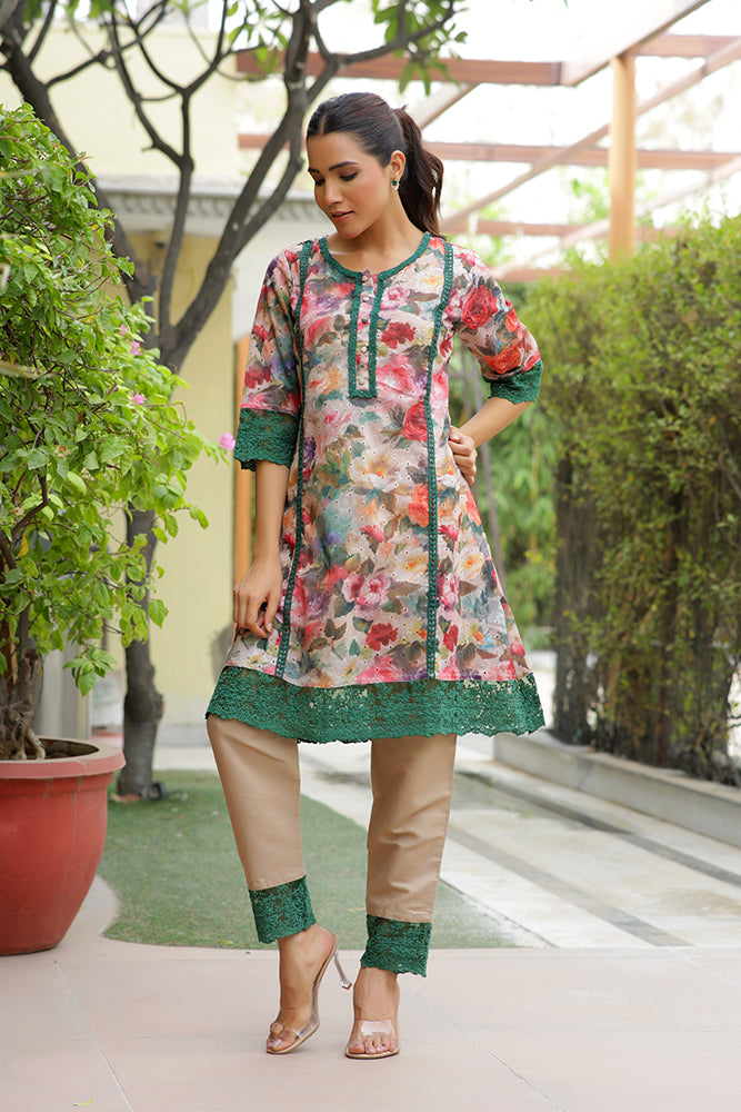 Vaasva Women Beige Embroidered Printed Kurta Set With Laced Solid Pants | Grocsy