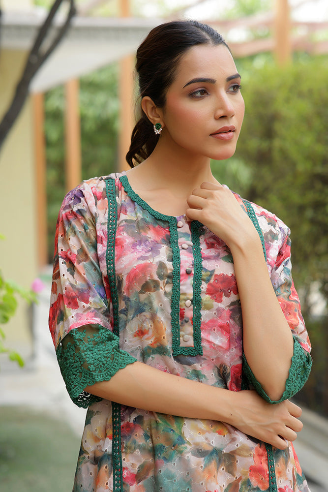 Vaasva Women Beige Embroidered Printed Kurta Set With Laced Solid Pants | Grocsy
