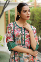 Vaasva Women Beige Embroidered Printed Kurta Set With Laced Solid Pants | Grocsy