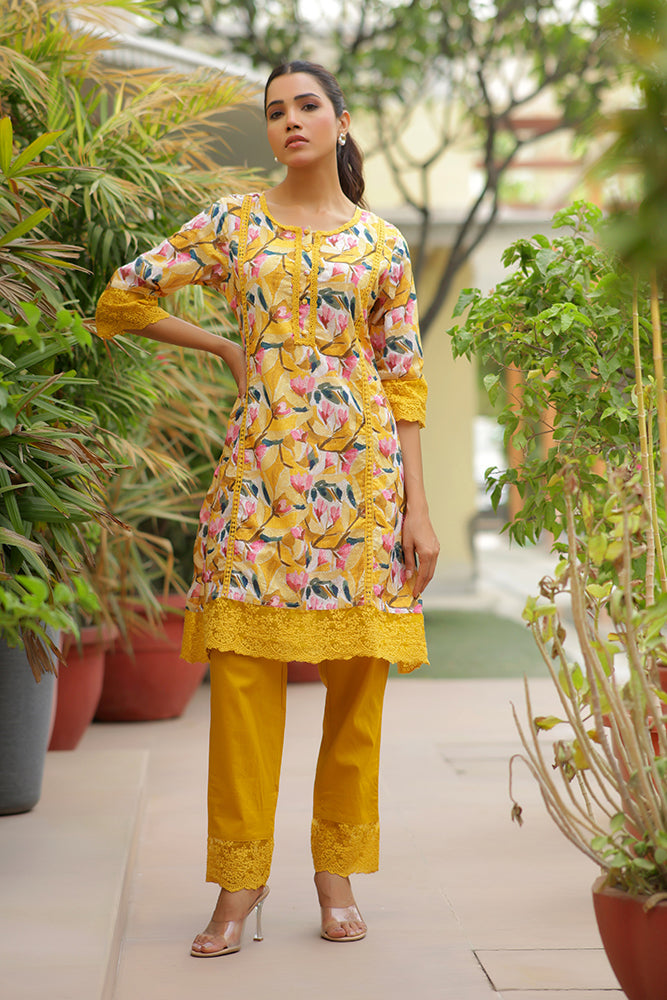 Vaasva Women Yellow Embroidered Printed Kurta Set With Laced Solid Pants | Grocsy