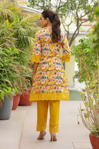 Vaasva Women Yellow Embroidered Printed Kurta Set With Laced Solid Pants | Grocsy