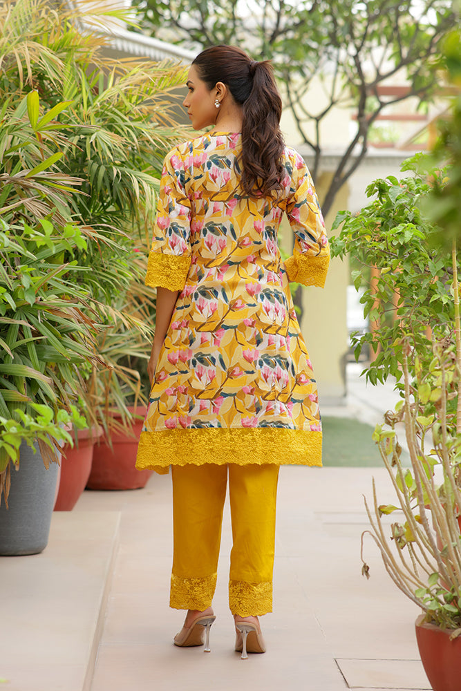 Vaasva Women Yellow Embroidered Printed Kurta Set With Laced Solid Pants | Grocsy