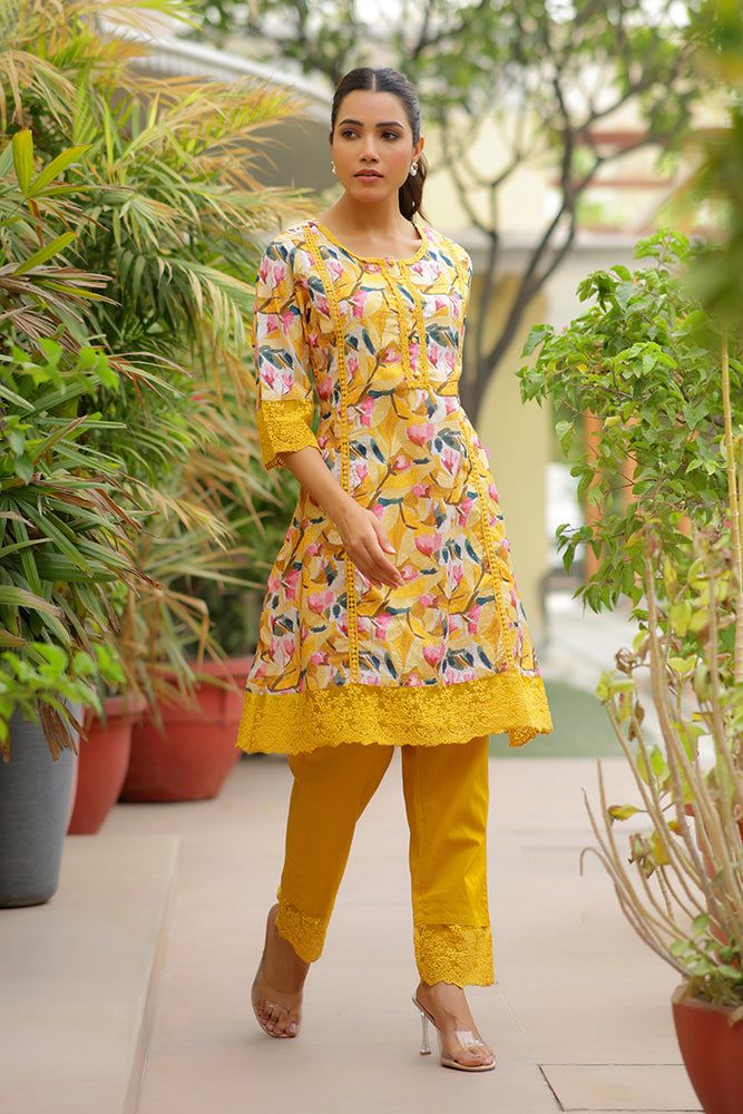 Vaasva Women Yellow Embroidered Printed Kurta Set With Laced Solid Pants | Grocsy