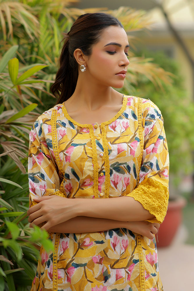 Vaasva Women Yellow Embroidered Printed Kurta Set With Laced Solid Pants | Grocsy