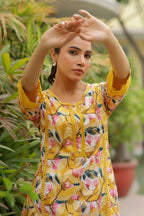 Vaasva Women Yellow Embroidered Printed Kurta Set With Laced Solid Pants | Grocsy