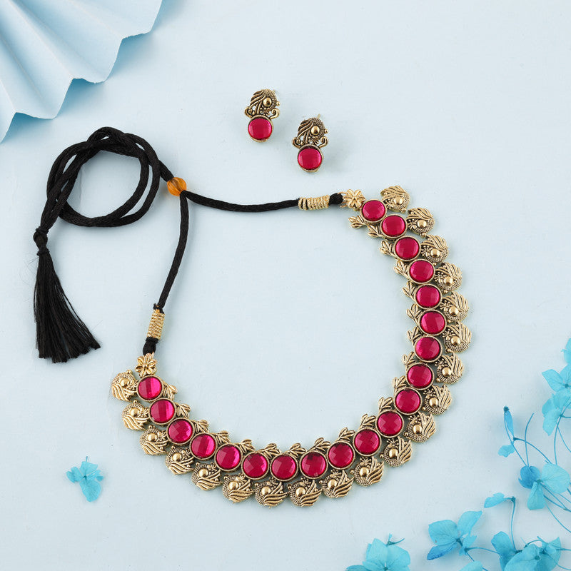 Tehzeeb Creations Pink Colour Gold-Polished Stone Jewellery Choker Necklace Set With Matching Pair of Stud Earrings | Grocsy