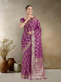 Monjolika Fashion Effervescent Purple Soft Banarasi Satin Silk Saree With Elision Blouse Piece | Grocsy