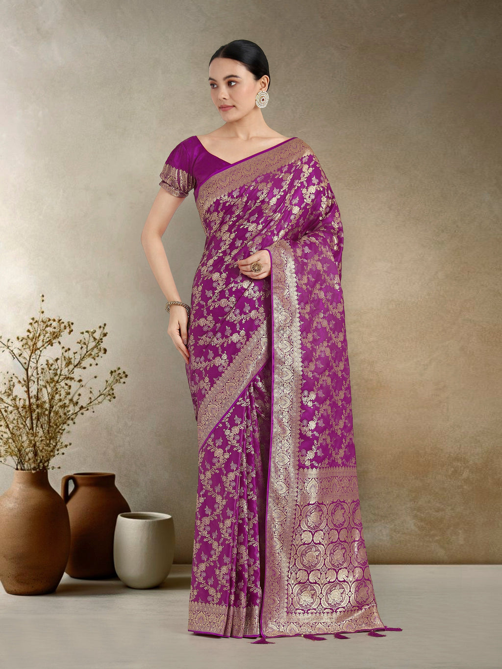 Monjolika Fashion Effervescent Purple Soft Banarasi Satin Silk Saree With Elision Blouse Piece | Grocsy