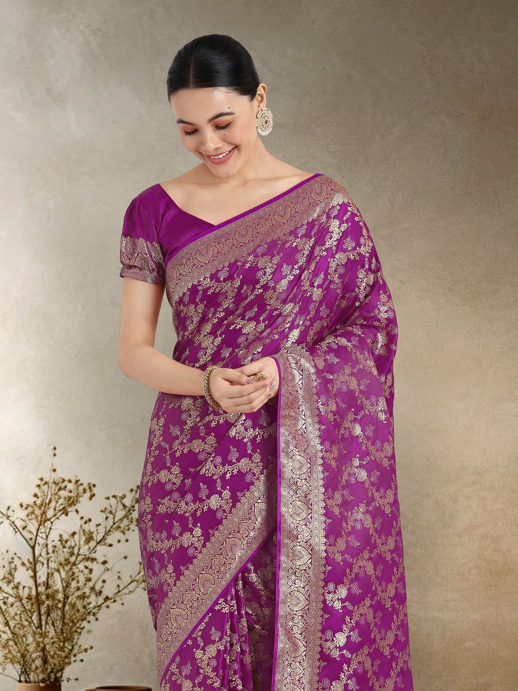 Monjolika Fashion Effervescent Purple Soft Banarasi Satin Silk Saree With Elision Blouse Piece | Grocsy