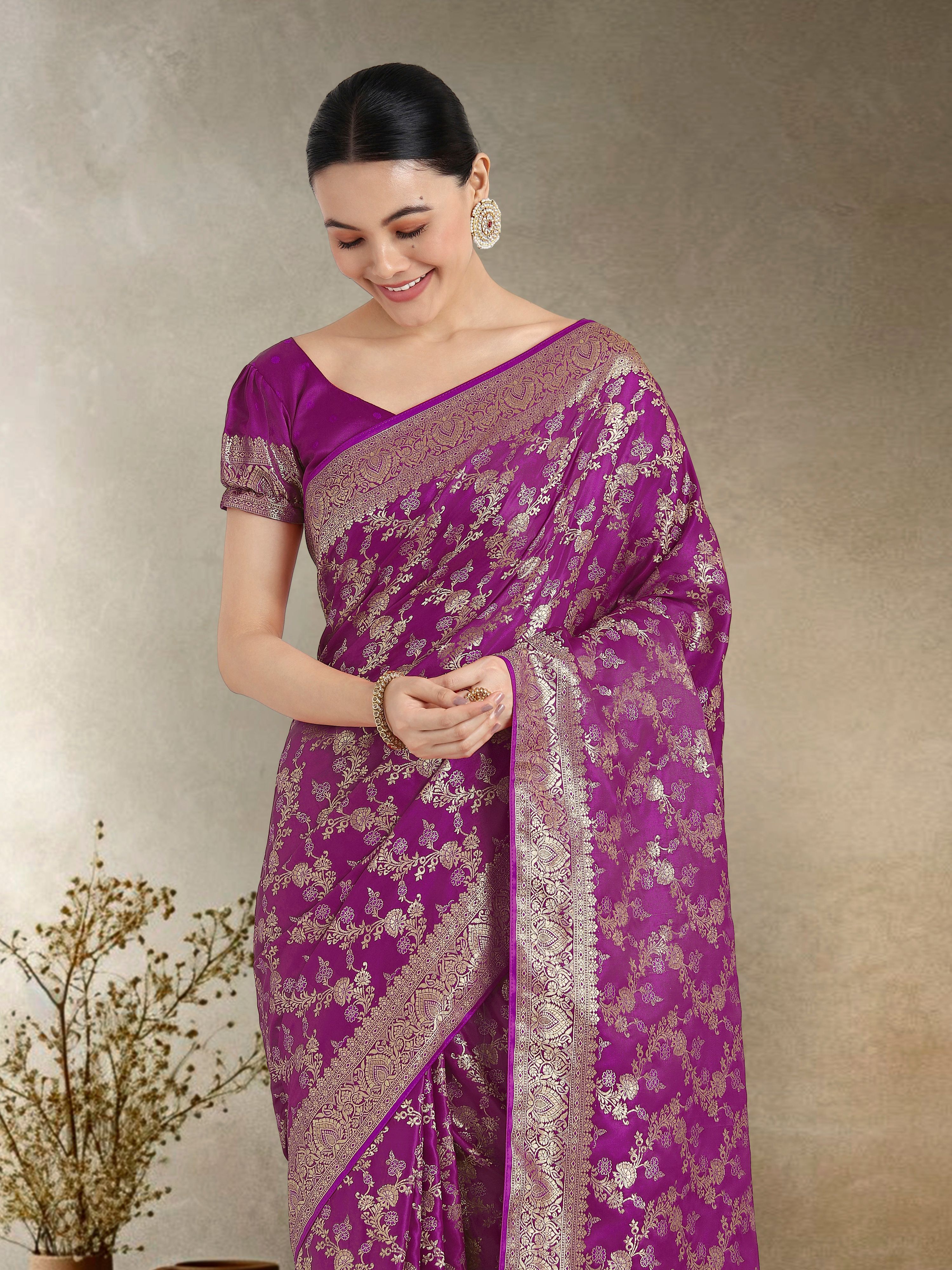 Monjolika Fashion Effervescent Purple Soft Banarasi Satin Silk Saree With Elision Blouse Piece | Grocsy