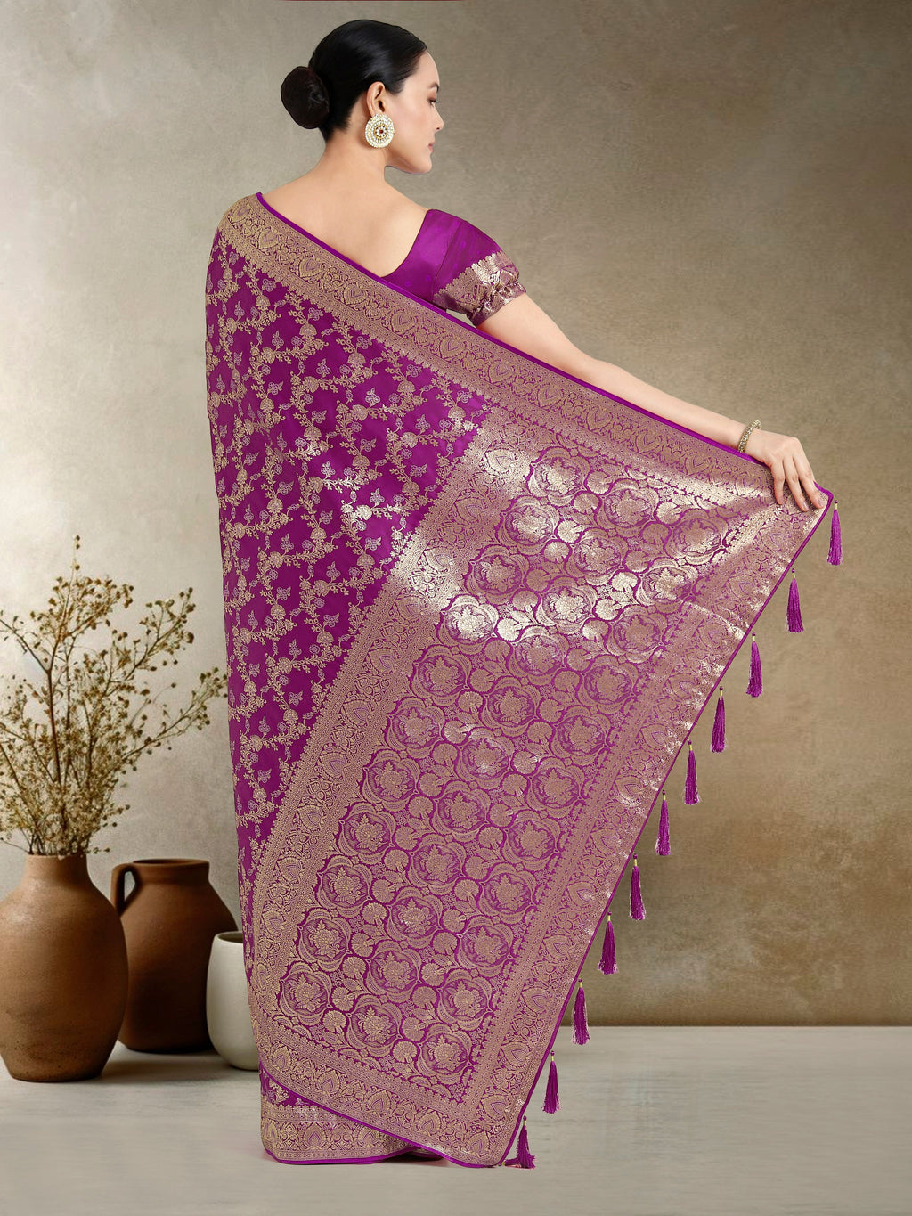 Monjolika Fashion Effervescent Purple Soft Banarasi Satin Silk Saree With Elision Blouse Piece | Grocsy
