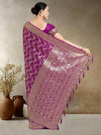 Monjolika Fashion Effervescent Purple Soft Banarasi Satin Silk Saree With Elision Blouse Piece | Grocsy