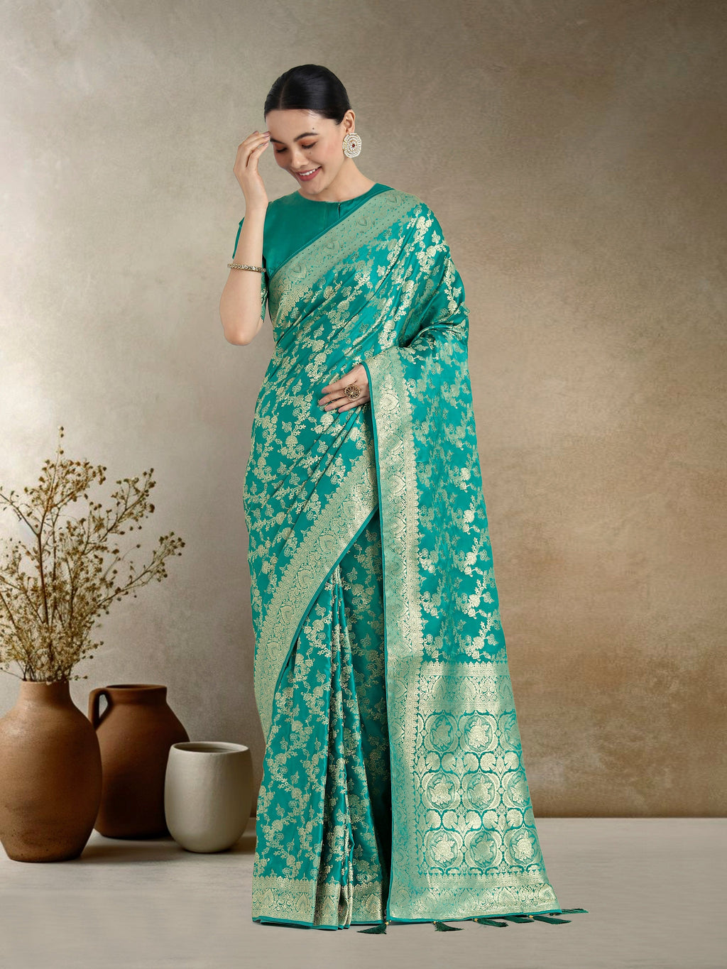 Monjolika Fashion Effervescent Turquoise Soft Banarasi Satin Silk Saree With Elision Blouse Piece | Grocsy