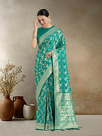 Monjolika Fashion Effervescent Turquoise Soft Banarasi Satin Silk Saree With Elision Blouse Piece | Grocsy